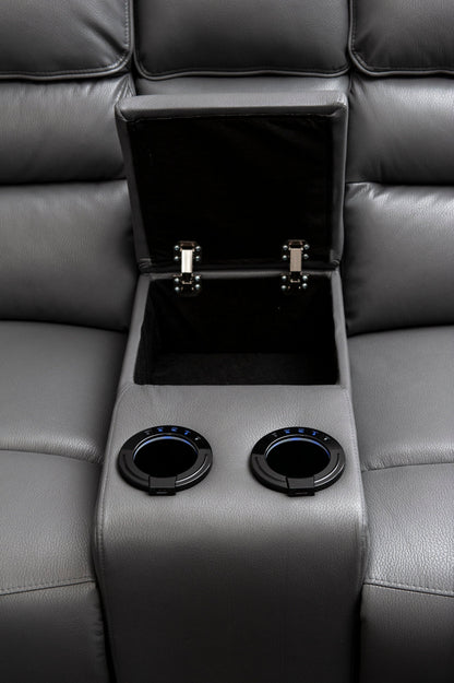 Donald Grey Leather Electric / Power Reclining Sofa Range Suite Set With Drinks Coolers USB Charging Ports & Drop Down Tray Table