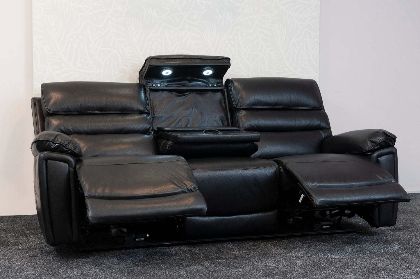 Donald Black Leather Electric / Power Reclining Sofa Range Suite Set With USB Charging Ports & Drop Down Tray Table