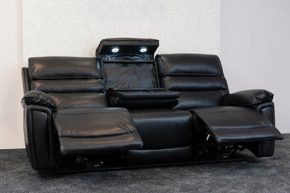 Donald Black Leather Electric / Power Reclining Sofa Range Suite Set With USB Charging Ports & Drop Down Tray Table