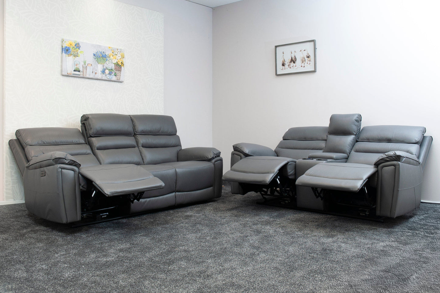 Donald Grey Leather Electric / Power Reclining 3 Seater + 2 Seater Sofa Suite Set With Drinks Coolers USB Charging Ports & Drop Down Tray Table
