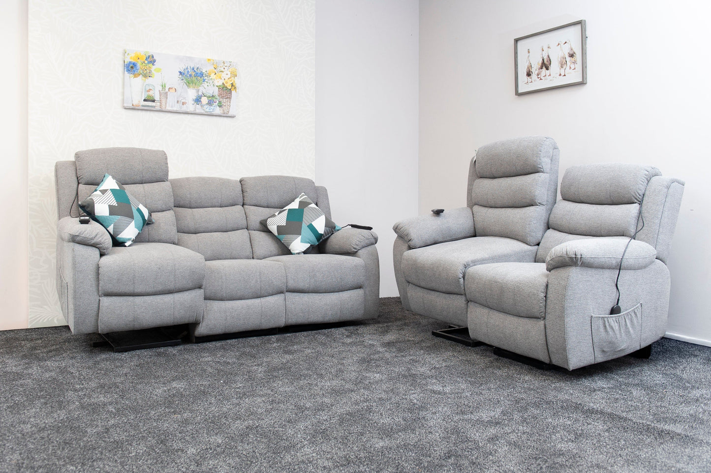 Dual Motor Lewson Grey Fabric Rise & Recliner 3 Seater + 2 Seater Sofa Set Suite Couch