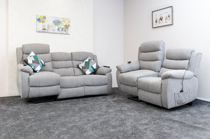Dual Motor Lewson Grey Fabric Rise & Recliner 3 Seater + 2 Seater Sofa Set Suite Couch