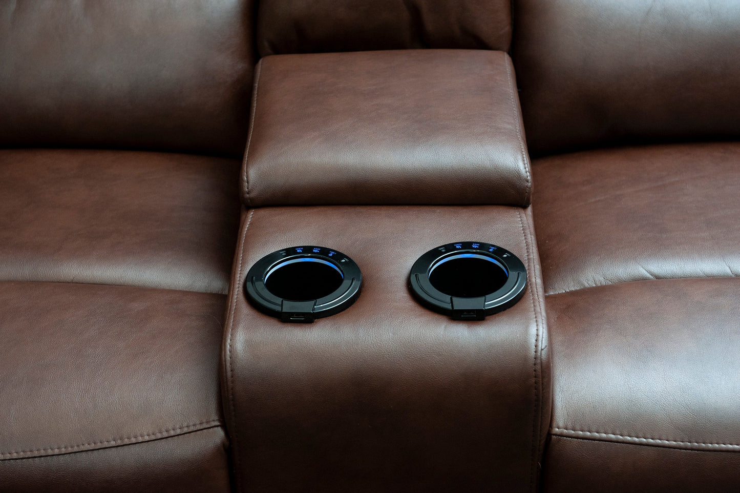 Donald Brown Leather Electric / Power Reclining 3 Seater + 2 Seater Sofa Set With USB Charging Ports & Drop Down Tray Table