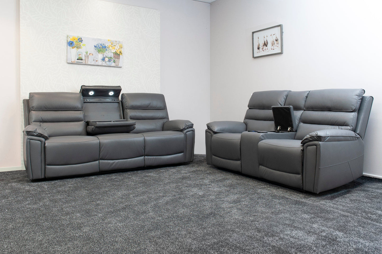 Donald Grey Leather Electric / Power Reclining Sofa Range Suite Set With Drinks Coolers USB Charging Ports & Drop Down Tray Table