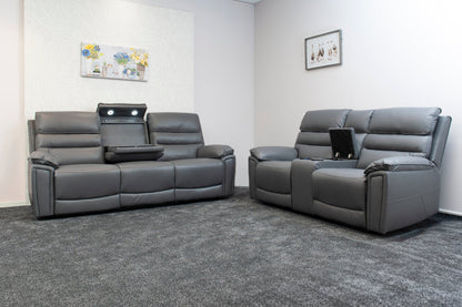 Donald Grey Leather Electric / Power Reclining Sofa Range Suite Set With Drinks Coolers USB Charging Ports & Drop Down Tray Table