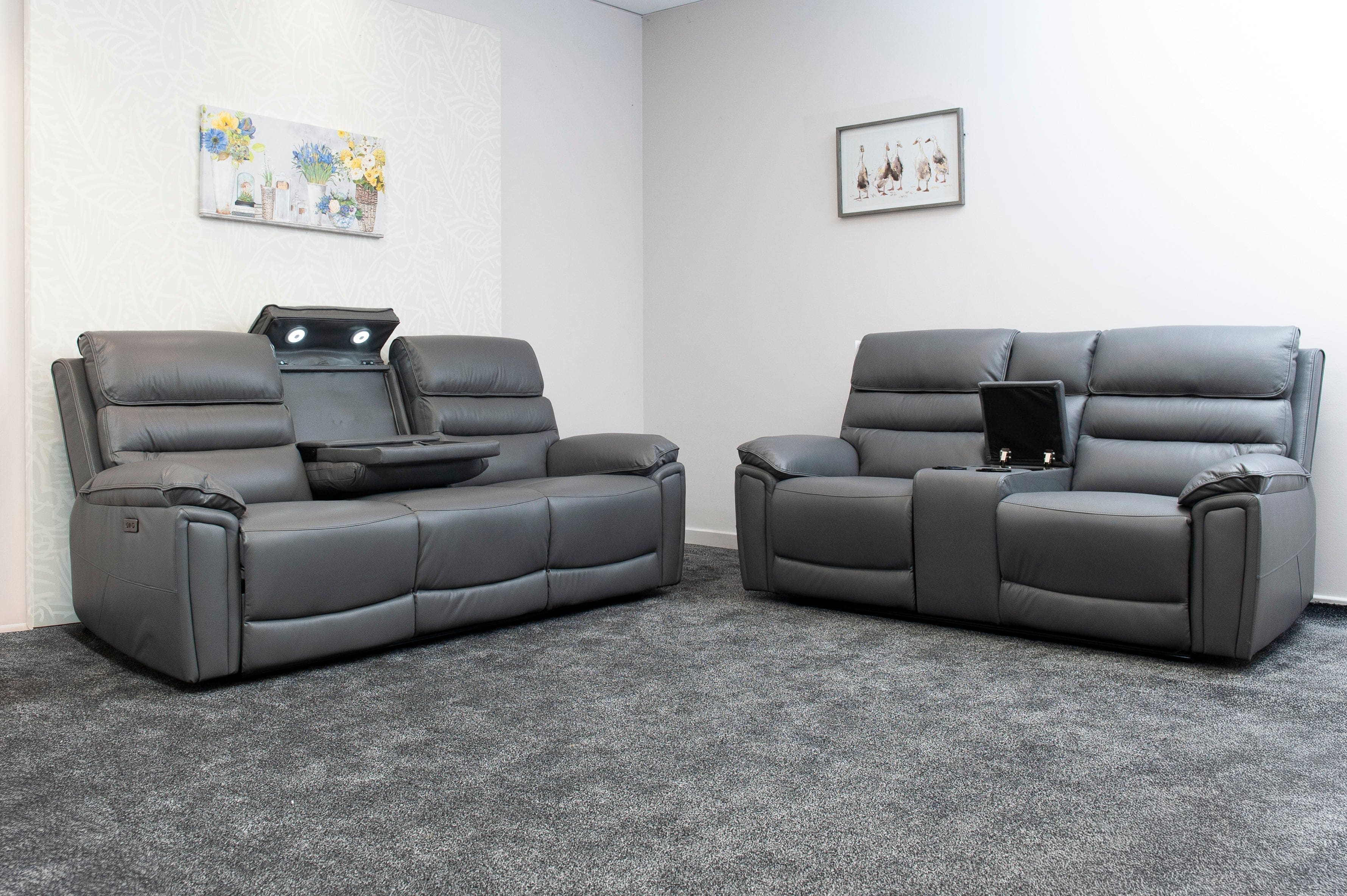 Donald Grey Leather Electric / Power Reclining 3 Seater + 2 Seater Sofa Suite Set With Drinks Coolers USB Charging Ports & Drop Down Tray Table
