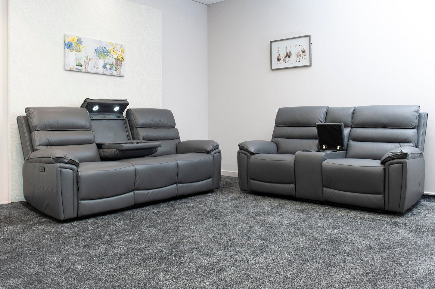 Donald Grey Leather Electric / Power Reclining 3 Seater + 2 Seater Sofa Suite Set With Drinks Coolers USB Charging Ports & Drop Down Tray Table
