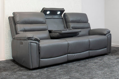 Donald Grey Leather Electric / Power Reclining 3 Seater Sofa With Drinks Coolers USB Charging Ports & Drop Down Tray Table