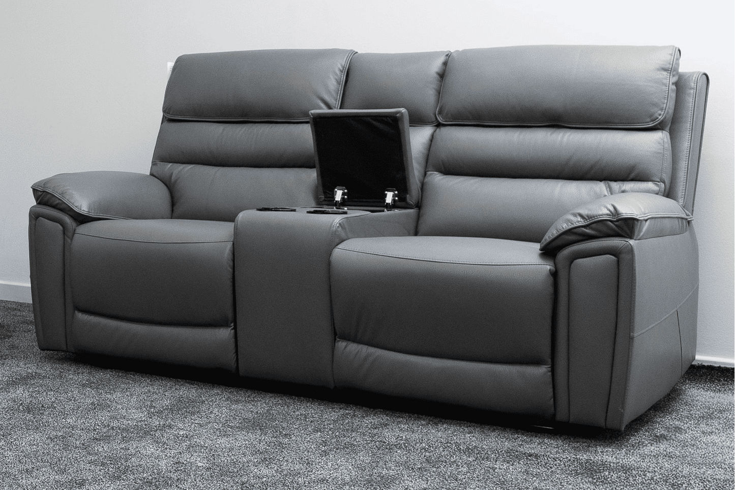 Donald Grey Leather Electric / Power Reclining 2 Seater Sofa With Drinks Coolers USB Charging Ports & Drop Down Tray Table