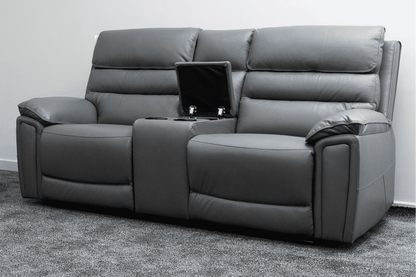 Donald Grey Leather Electric / Power Reclining 2 Seater Sofa With Drinks Coolers USB Charging Ports & Drop Down Tray Table