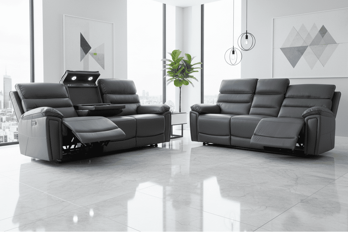 Donald Grey Leather Electric / Power Reclining Sofa Range Suite Set With Drinks Coolers USB Charging Ports & Drop Down Tray Table