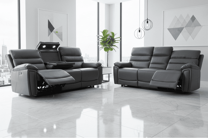 Donald Grey Leather Electric / Power Reclining Sofa Range Suite Set With Drinks Coolers USB Charging Ports & Drop Down Tray Table