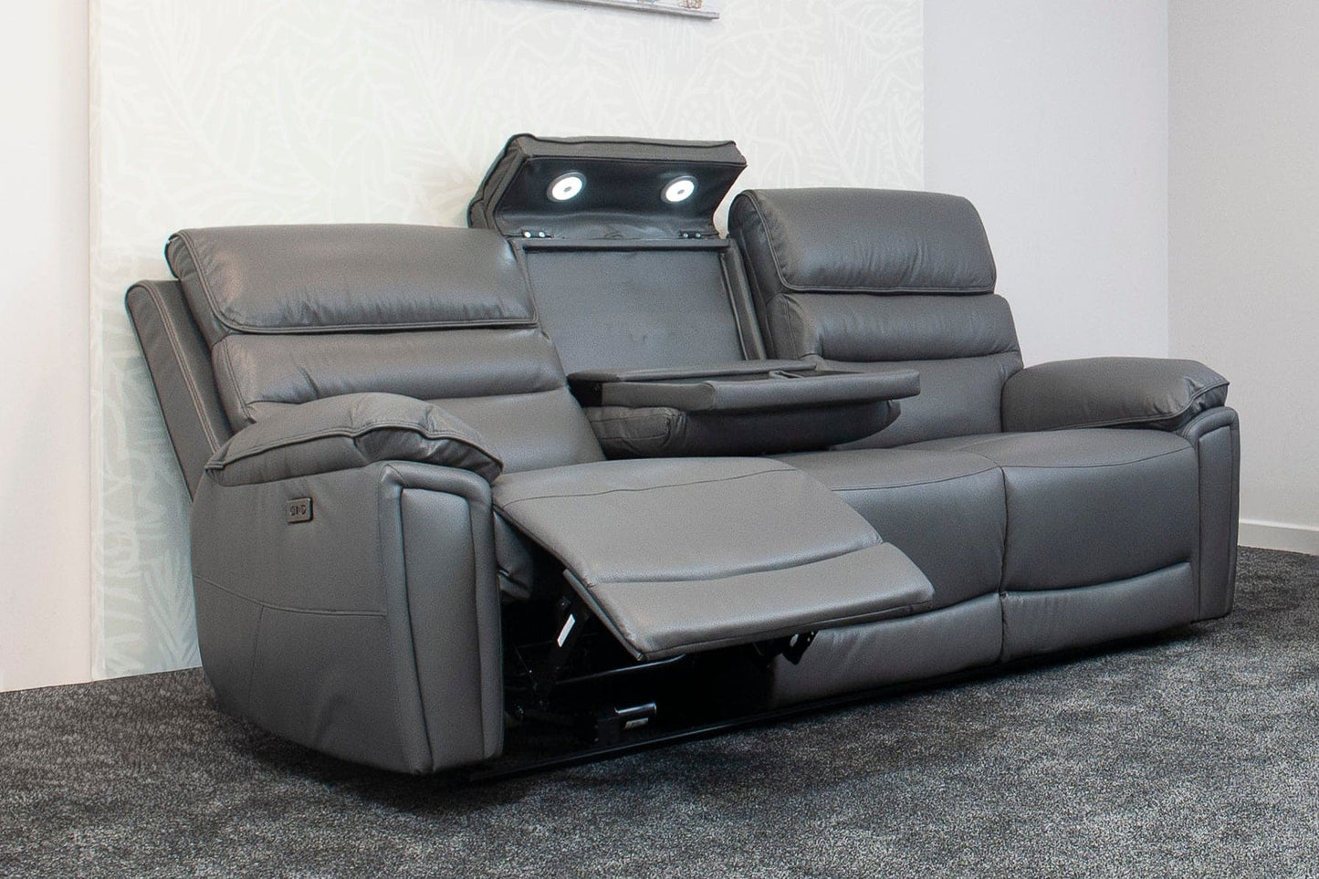 Donald Grey Leather Electric / Power Reclining 3 Seater Sofa With Drinks Coolers USB Charging Ports & Drop Down Tray Table