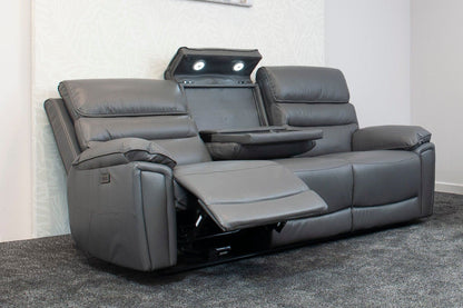 Donald Grey Leather Electric / Power Reclining 3 Seater Sofa With Drinks Coolers USB Charging Ports & Drop Down Tray Table