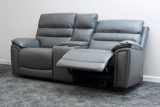 Donald Grey Leather Electric / Power Reclining 2 Seater Sofa With Drinks Coolers USB Charging Ports & Drop Down Tray Table