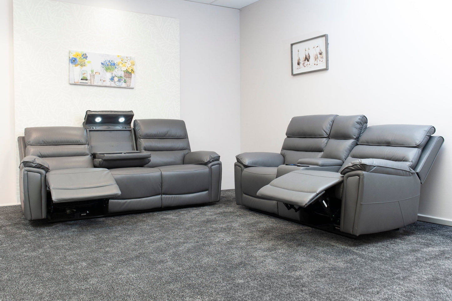 Donald Grey Leather Electric / Power Reclining 3 Seater + 2 Seater Sofa Suite Set With Drinks Coolers USB Charging Ports & Drop Down Tray Table