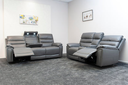 Donald Grey Leather Electric / Power Reclining 3 Seater + 2 Seater Sofa Suite Set With Drinks Coolers USB Charging Ports & Drop Down Tray Table