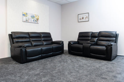 Donald Black Leather Electric / Power Reclining Sofa Range Suite Set With USB Charging Ports & Drop Down Tray Table