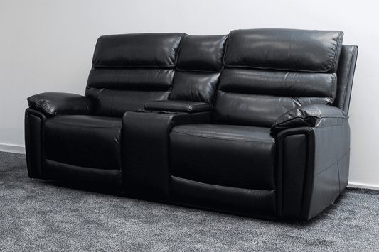 Donald Black Leather Electric / Power Reclining 2 Seater Sofa With USB Charging Ports & Drinks Coolers