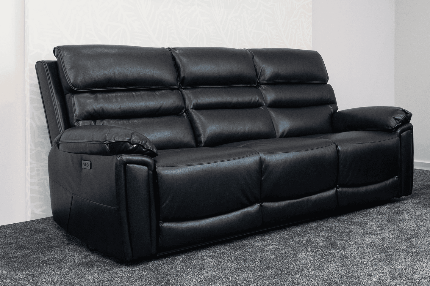 Donald Black Leather Electric / Power Reclining 3 Seater Sofa With USB Charging Ports & Drop Down Tray Table