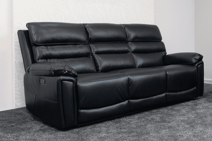 Donald Black Leather Electric / Power Reclining 3 Seater Sofa With USB Charging Ports & Drop Down Tray Table