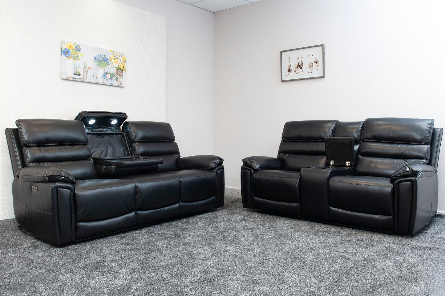 Donald Black Leather Electric / Power Reclining Sofa Range Suite Set With USB Charging Ports & Drop Down Tray Table