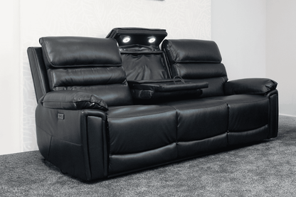 Donald Black Leather Electric / Power Reclining 3 Seater Sofa With USB Charging Ports & Drop Down Tray Table