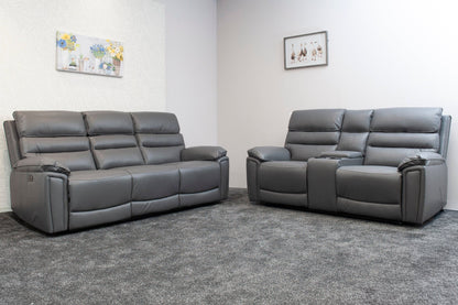 Donald Grey Leather Electric / Power Reclining 3 Seater + 2 Seater Sofa Suite Set With Drinks Coolers USB Charging Ports & Drop Down Tray Table