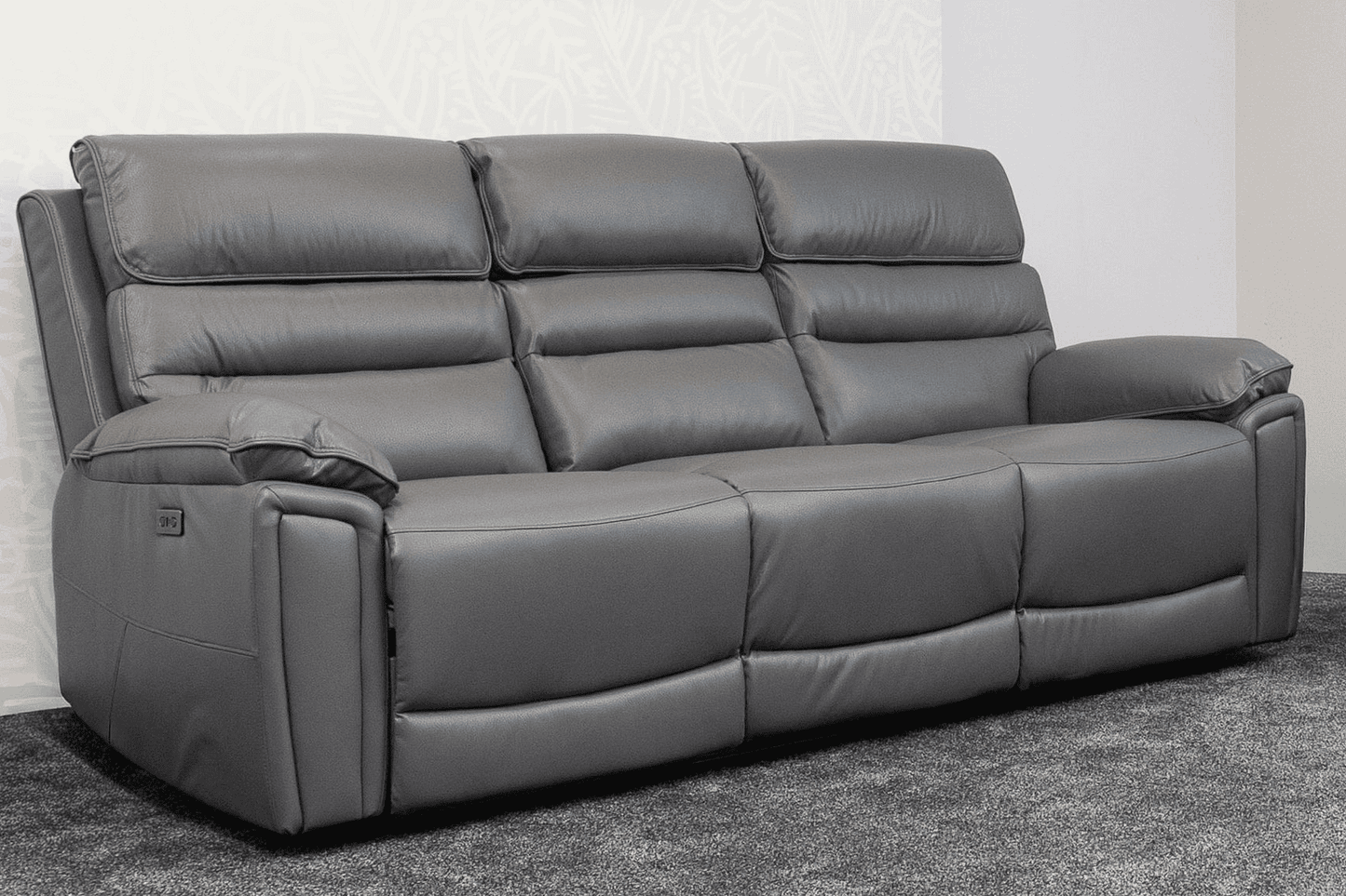 Donald Grey Leather Electric / Power Reclining 3 Seater Sofa With Drinks Coolers USB Charging Ports & Drop Down Tray Table
