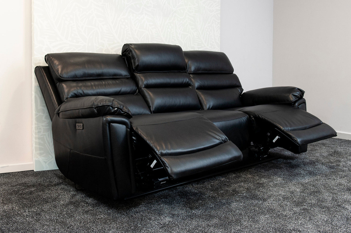 Donald Black Leather Electric / Power Reclining Sofa Range Suite Set With USB Charging Ports & Drop Down Tray Table