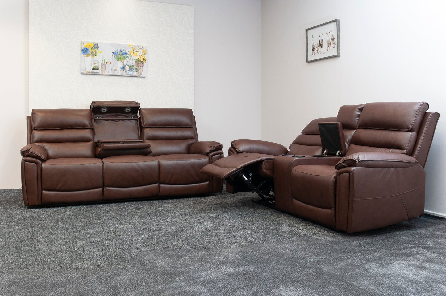 Donald Brown Leather Electric / Power Reclining 3 Seater + 2 Seater Sofa Set With USB Charging Ports & Drop Down Tray Table