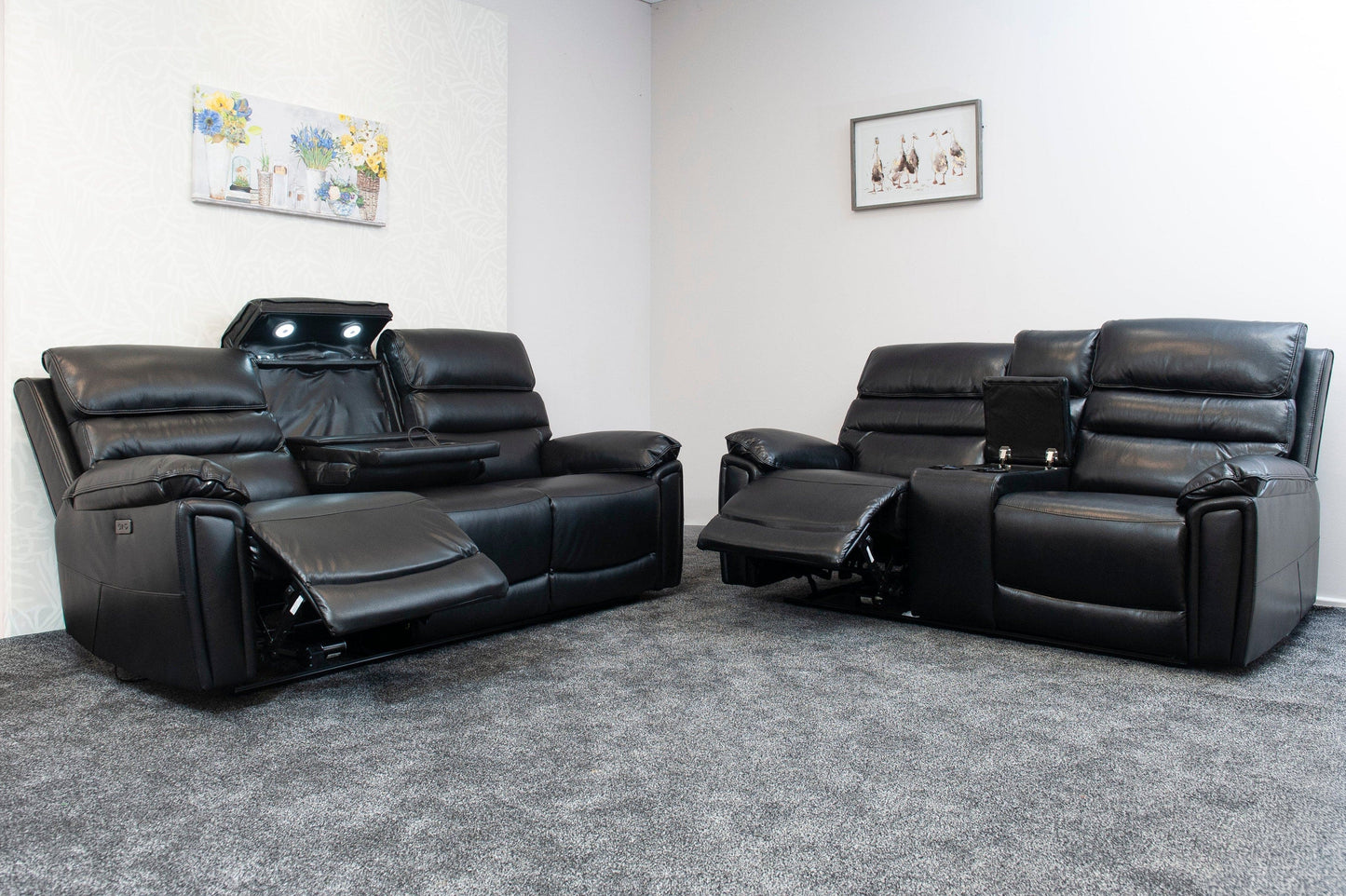 Donald Black Leather Electric / Power Reclining Sofa Range Suite Set With USB Charging Ports & Drop Down Tray Table