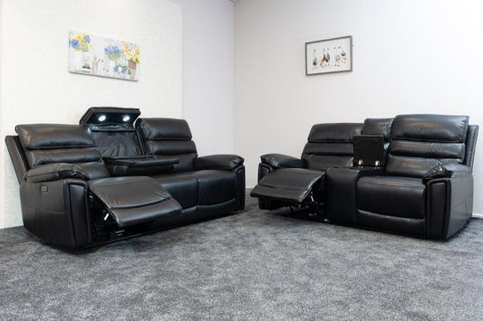 Donald Black Leather Electric / Power Reclining Sofa Range Suite Set With USB Charging Ports & Drop Down Tray Table
