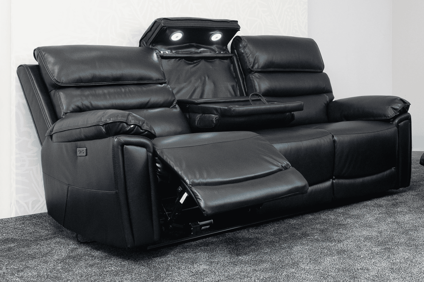 Donald Black Leather Electric / Power Reclining 3 Seater Sofa With USB Charging Ports & Drop Down Tray Table