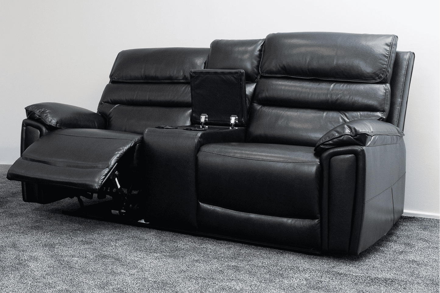 Donald Black Leather Electric / Power Reclining 3 Seater + 2 Seater Sofa Set With USB Charging Ports, Drinks Coolers & Drop Down Tray Table