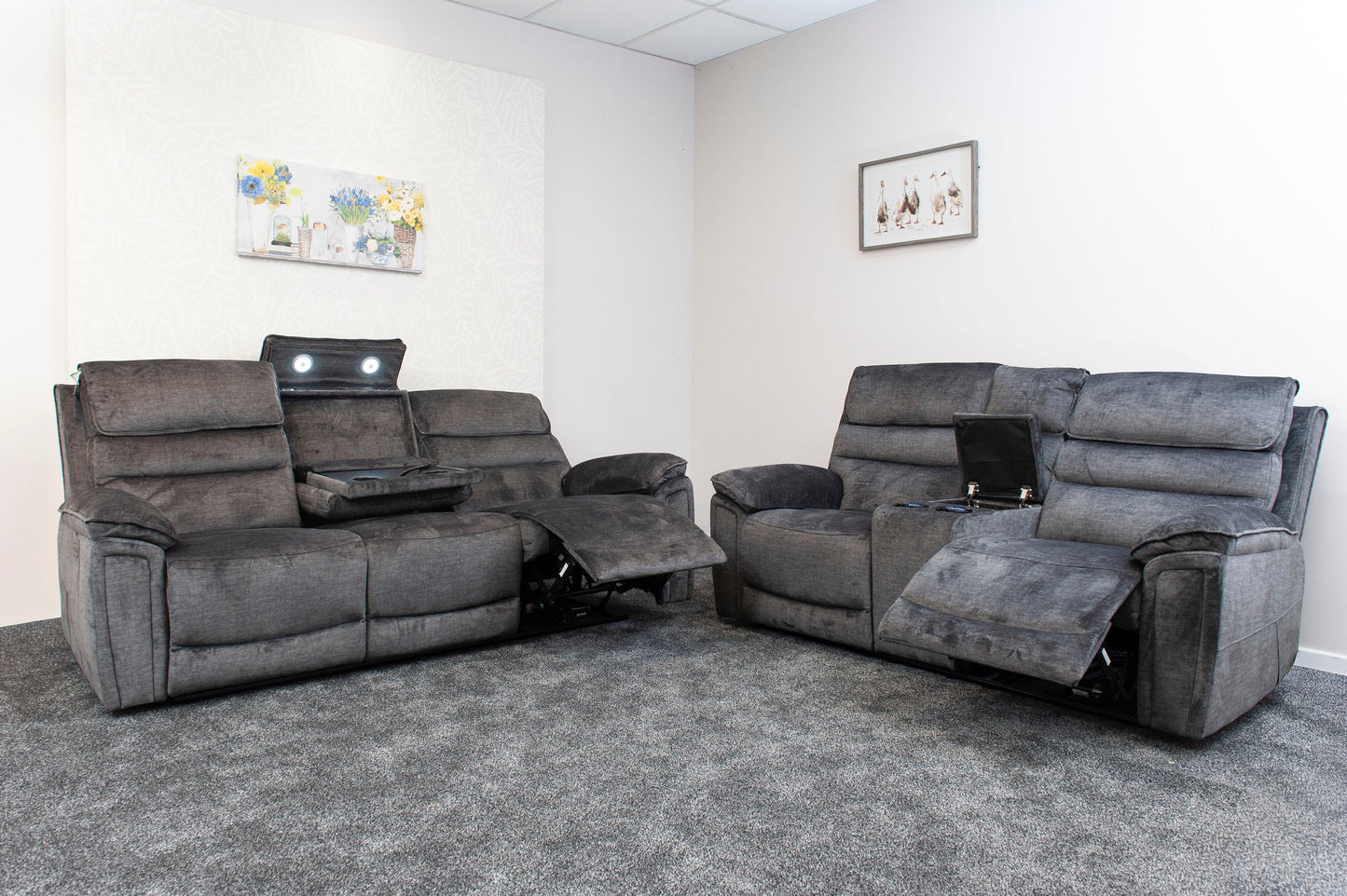 The “ Donald " Electric / Power Reclining Charcoal Grey Fabric Sofa Set - USB Charging & Drinks Tray Table Plus High Seating & Backrest Position | Couch |
