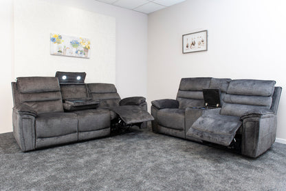 The “ Donald " Electric / Power Reclining Charcoal Grey Fabric Sofa Set - USB Charging & Drinks Tray Table Plus High Seating & Backrest Position | Couch |