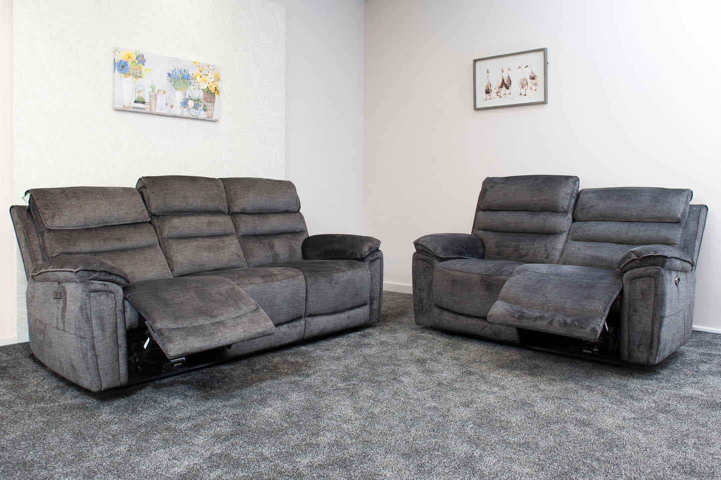 The “ Donald " Electric / Power Reclining Charcoal Grey Fabric 3 + 2 Seater Sofa Set - USB Charging & Drinks Tray Table Plus High Seating & Backrest Position | Couch |