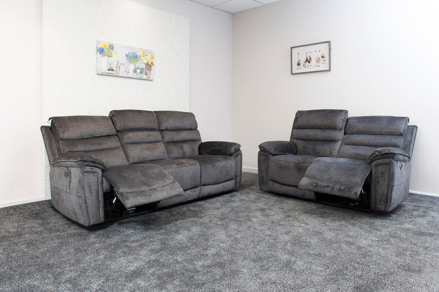 The “ Donald " Electric / Power Reclining Charcoal Grey Fabric 3 + 2 Seater Sofa Set - USB Charging & Drinks Tray Table Plus High Seating & Backrest Position | Couch |