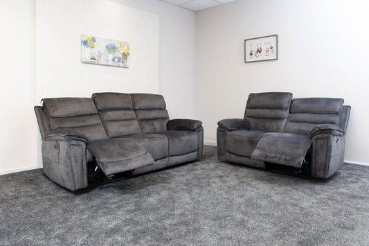 The “ Donald " Electric / Power Reclining Charcoal Grey Fabric 3 + 2 Seater Sofa Set - USB Charging & Drinks Tray Table Plus High Seating & Backrest Position | Couch |