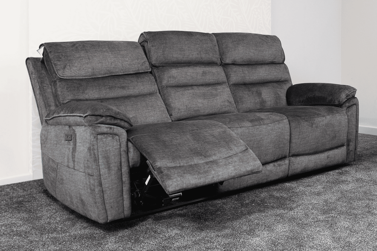 The “ Donald " Electric / Power Reclining Charcoal Grey Fabric 3 Seater Sofa - USB Charging & Drinks Tray Table Plus High Seating & Backrest Position | Couch |