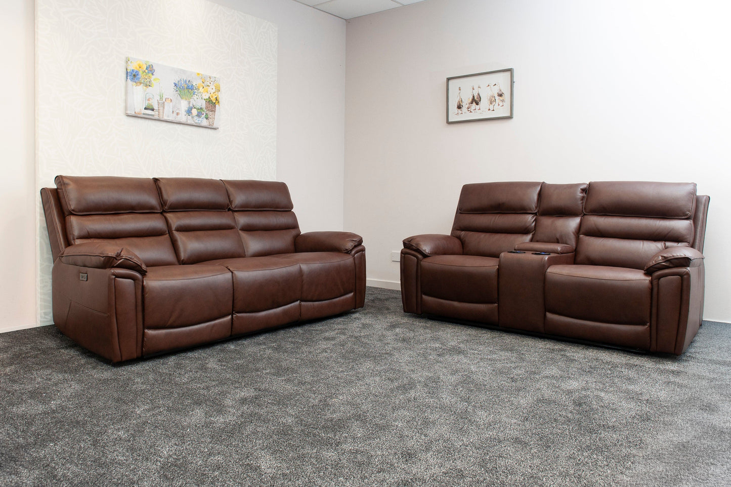 Donald Brown Leather Electric / Power Reclining 3 Seater + 2 Seater Sofa Set With USB Charging Ports & Drop Down Tray Table