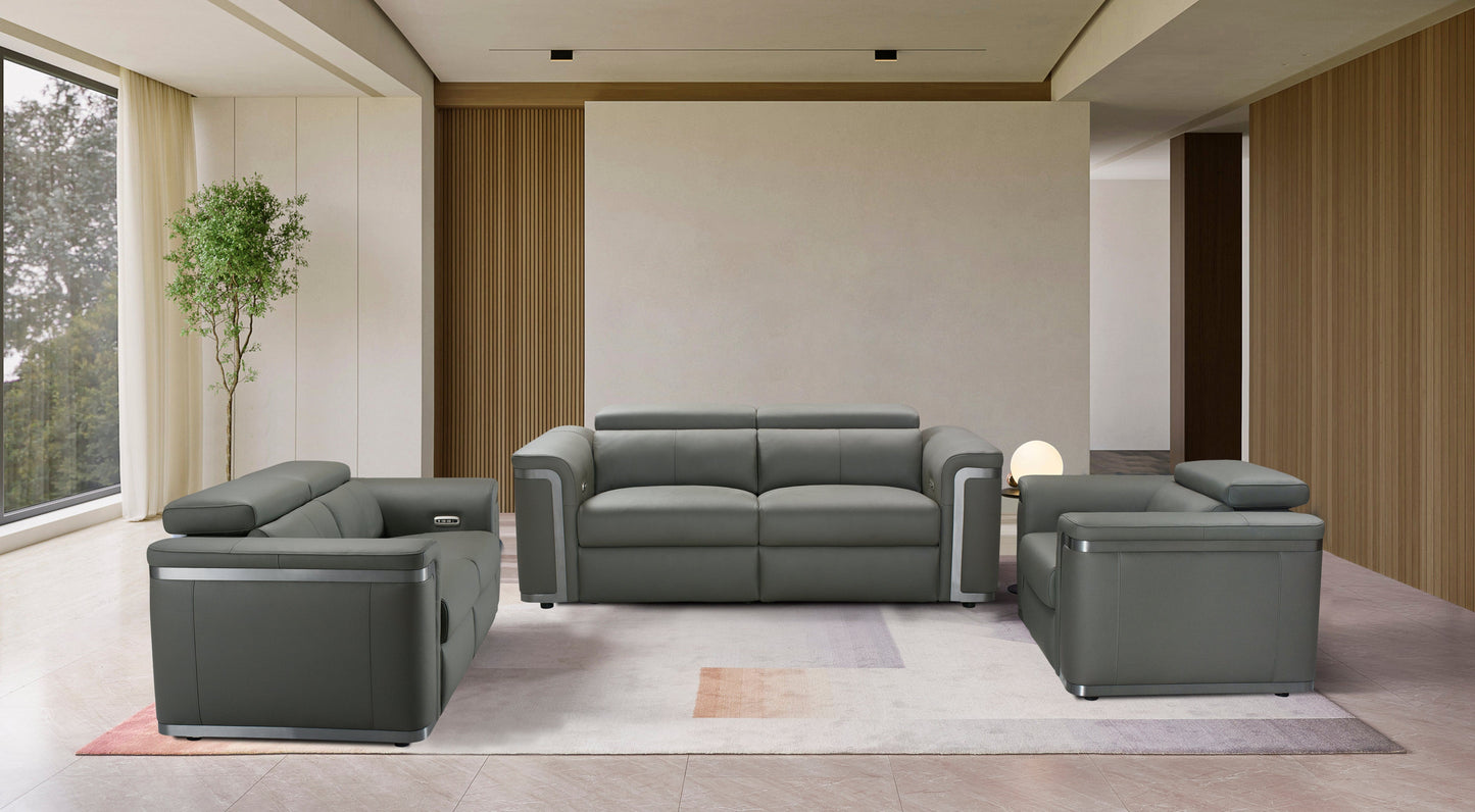 Plaza Top Grain Grey Leather Power Recliner Sofa Range with Adjustable Headrests