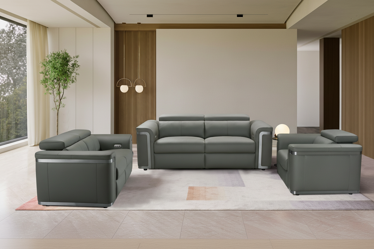 Plaza Top Grain Grey Leather Power Recliner Sofa Range with Adjustable Headrests