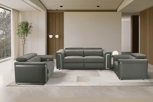 Plaza Top Grain Grey Leather Power Recliner Sofa Range with Adjustable Headrests