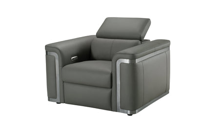 Plaza Top Grain Grey Leather Power Recliner Armchair / 1 Seater Sofa with Adjustable Headrests