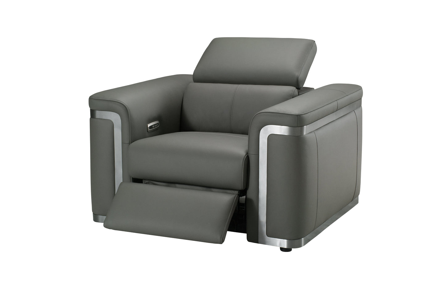 Plaza Top Grain Grey Leather Power Recliner Armchair / 1 Seater Sofa with Adjustable Headrests