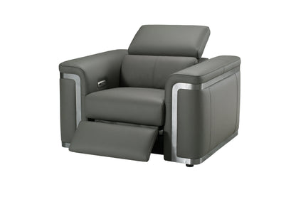 Plaza Top Grain Grey Leather Power Recliner Armchair / 1 Seater Sofa with Adjustable Headrests