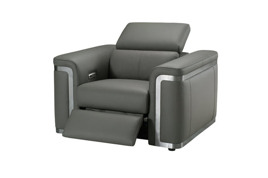 Plaza Top Grain Grey Leather Power Recliner Armchair / 1 Seater Sofa with Adjustable Headrests