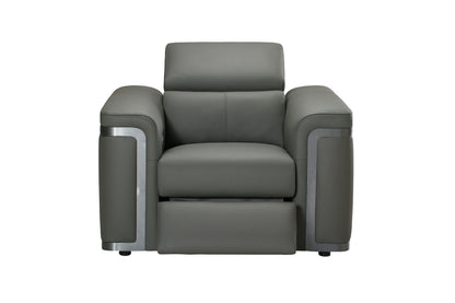 Plaza Top Grain Grey Leather Power Recliner Armchair / 1 Seater Sofa with Adjustable Headrests